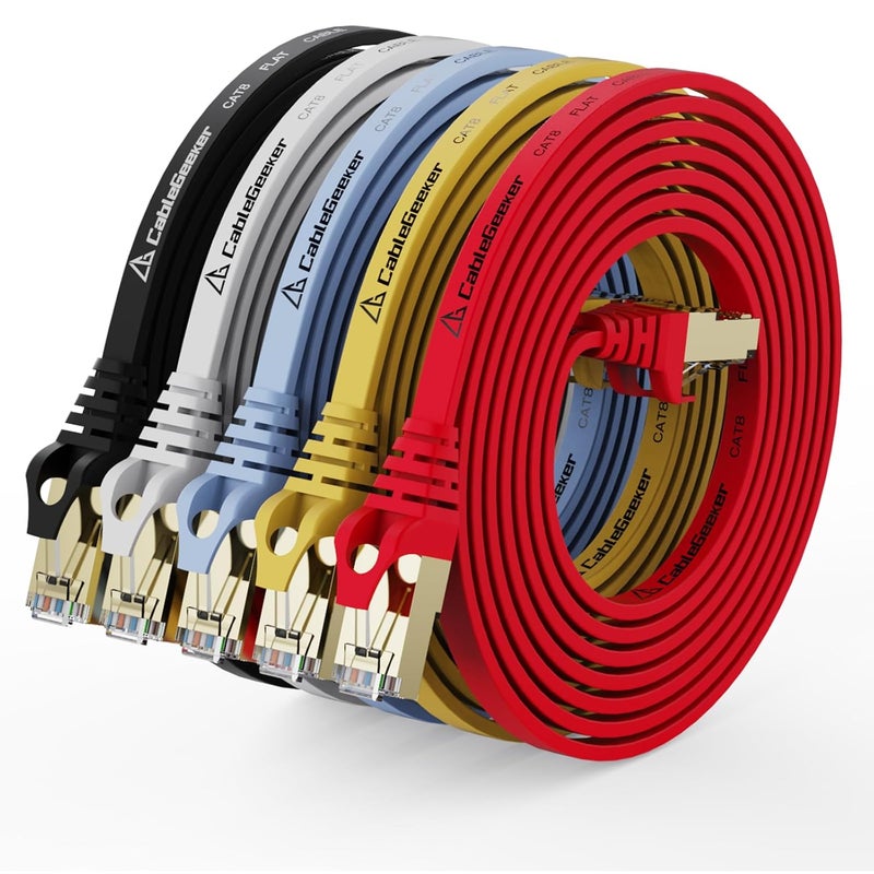 CableGeeker Cat 8 Ethernet Cable 7FT 5 Pack Multi Color, 40Gbps 2000Mhz High Speed LAN Network Cable Gigabit Cat8 Patch Cables, Professional RJ45 Flat Internet Cable for Modem/Router/PC/PS5/Xbox - Image 1